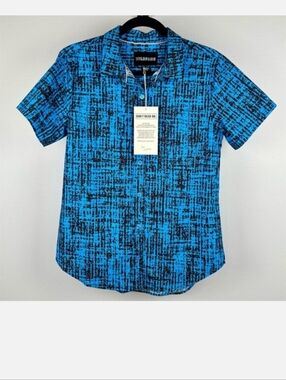 Wildfang Bright Blue Short Sleeve Button-Down Shirt with Black Grid Print